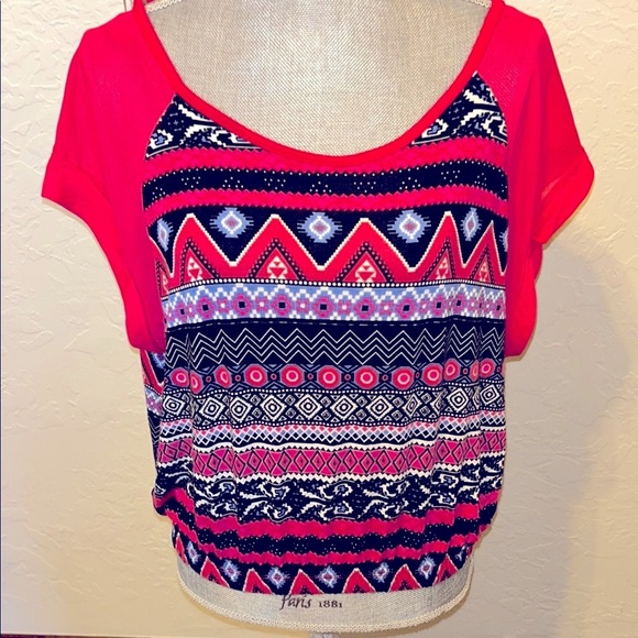 Bongo Trendy Pink & Black Boho Look Women's elastic bottom Top. Sheer arms Sz XL - Picture 1 of 14